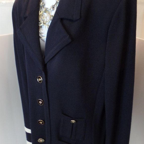 St. John 2 Piece Knit Black Jacket & Skirt Bright Gold Logo Buttons Size 14 - Picture 3 of 16